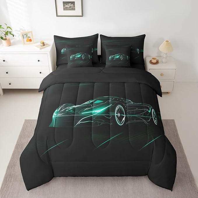 Feelyou Teal Race Car 7 Piece Bedding Set King Size for Kids Boys Extreme Sport Games Comforter Set with Sheets Teens Toddler Fast and Furious Bed in a Bag Cool Modern Bed Set