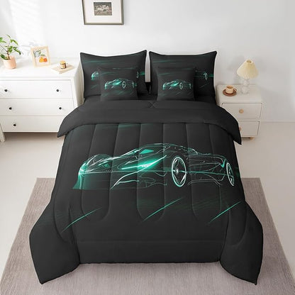 Feelyou Teal Race Car 7 Piece Bedding Set King Size for Kids Boys Extreme Sport Games Comforter Set with Sheets Teens Toddler Fast and Furious Bed in a Bag Cool Modern Bed Set