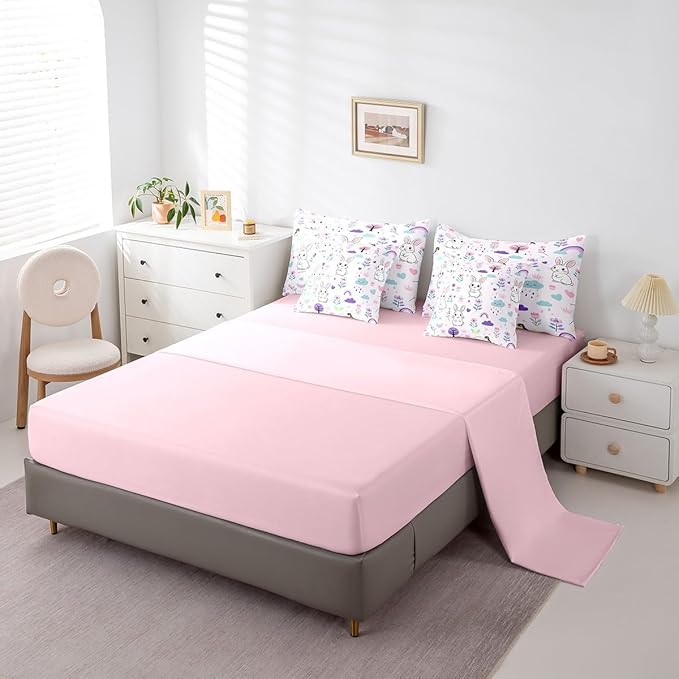 Erosebridal 7 Piece Bed in a Bag Twin Size Comforter Set for Kids Floral Rabbit Bedding Set,Cartoon Zoo Animal Reversible Bed Set,Cute Flower Comforter with Sheet Set,All Season