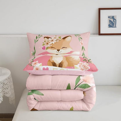Feelyou Girls Cartoon Fox Comforter Set Cute Fox Bedding Set for Kids Boys Girls Kawaii Animal Duvet Set Botanical Floral Comforter 1 Comforter Set with 2 Pillowcases King Size Boys