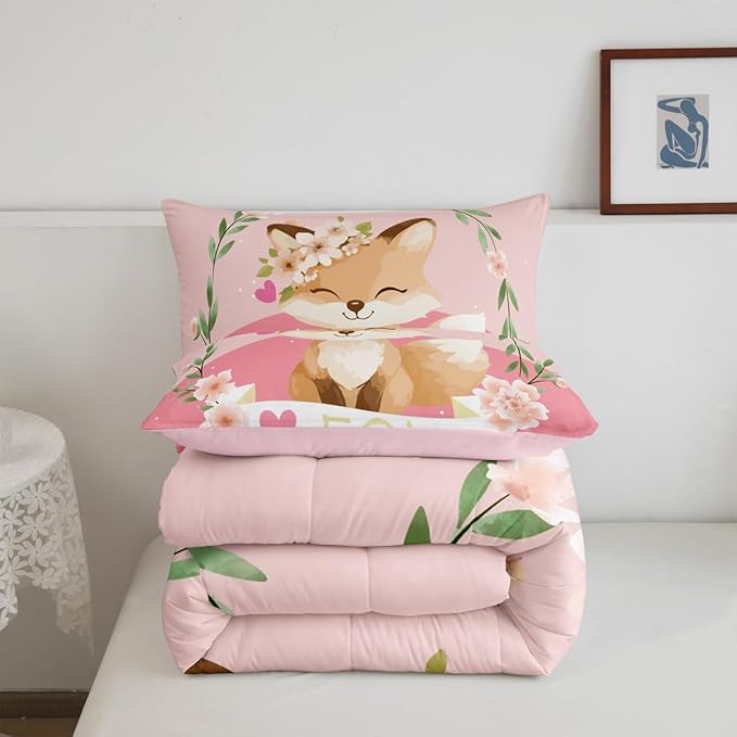 Feelyou Girls Cartoon Fox Comforter Set Cute Fox Bedding Set for Kids Boys Girls Kawaii Animal Duvet Set Botanical Floral Comforter 1 Comforter Set with 1 Pillowcase Twin Size