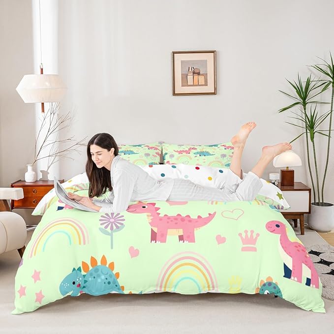 Kawaii Dino Duvet Cover Set Queen Size,Cute Rainbow Floral Love Heart Reversible Quilt Cover Set (NO Comforter),Pink Green Dinosaur Lovely Animal Soft Comforter Cover for Dorm Room, Zipper