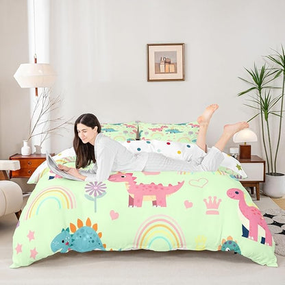 Kawaii Dino Duvet Cover Set King Size,Cute Rainbow Floral Love Heart Reversible Quilt Cover with 2 Pillowcases,Pink Green Dinosaur Lovely Animal Microfiber Comforter Cover (Not Comforter)