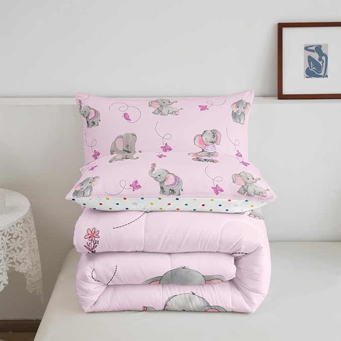 Lovely Elephant Full Size Comforter Set,Purple Butterfly Cartoon Wildlife Reversible Bedding Set Bedroom Collection,Watercolor Grey Pink Animal Soft Quilted Duvet for Girls Teens