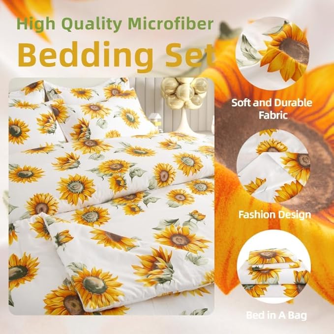 SDY 7PCS Sunflower Bedding Twin Bed in A Bag Sunflower Comforter and Bed Sheets for Boys Girls Kids with 1Comforter, 1FittedSheet, 1FlatSheet, 2Pillow Cover, 2Pillow Sham