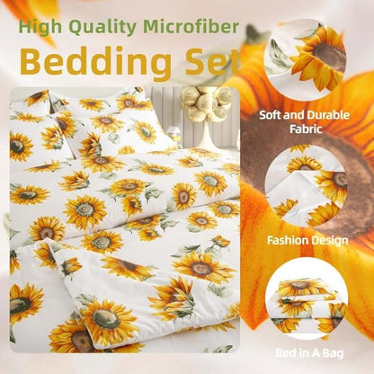 SDY 7PCS Sunflower Comforter Set Full Size Cute Printed Comforter Sets Bed in a Bag for Toddler,Girls Boys and Kids, with Comforter, Flat Sheet, Fitted Sheet and Pillowcases & Shams