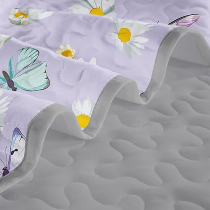QOOMO Daisy Butterfly Quilt Set King Size,Purple Butterfly Bedspread Coverlet Set,Butterflies 3Pcs Bedding Set Printed Quilt with 2 Pillowcases,Soft and Lightweight,for All Seasons