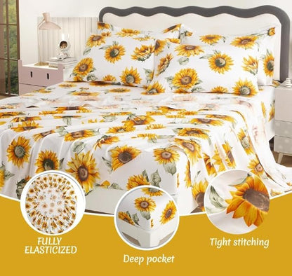 SDY 7PCS Sunflower Comforter Set Queen Size Cute Printed Comforter Sets Bed in a Bag for Toddler,Girls Boys and Kids, with Comforter, Flat Sheet, Fitted Sheet and Pillowcases & Shams