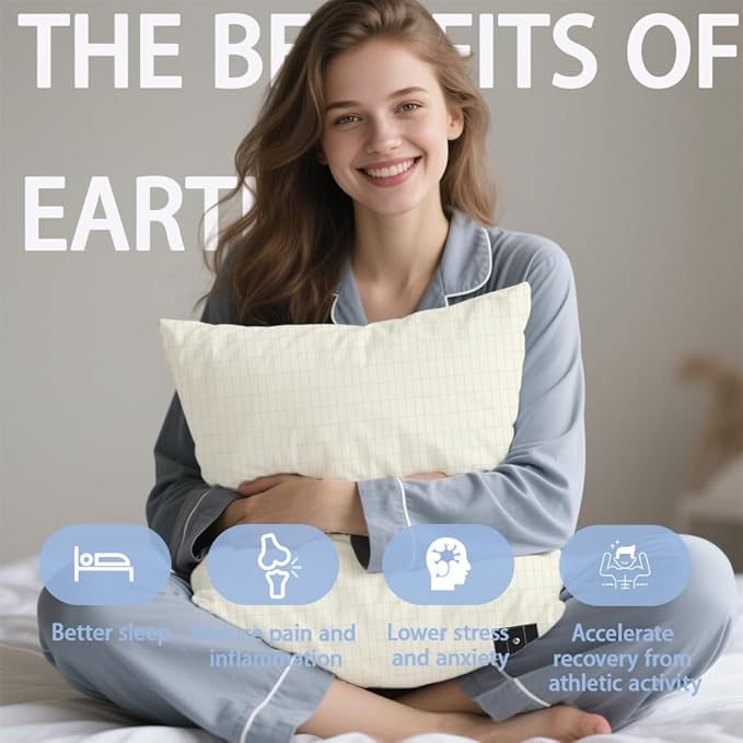 Ali King Grounding Pillowcase, 5% Conductive Silver + 95% Soft Cotton Queen Size Earth Grounding Pillow Cases with Grounding Cord for Improve Sleep (Beige, Queen (20x30inches))
