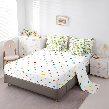 Feelyou Cute Dinosaur 7 Piece Bedding Set Cartoon Green Dinosaur Comforter Set with Sheets for Kids Boys Girls Animal Egg Bed in a Bag Coconut Tree Bed Set Soft Lightweight