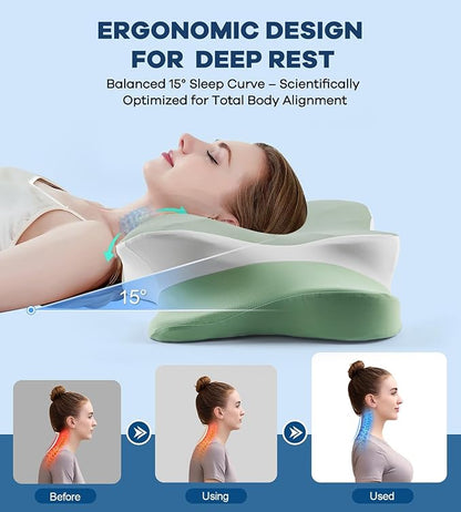 Cervical Pillow for Neck Pain Relief, Cooling Ergonomic Memory Foam Pillow with Ice Silk Pillowcase, Dual-Height Orthopedic Contour Support Pillow for Side,Back,Stomach Sleepers, CertiPUR-US Certified