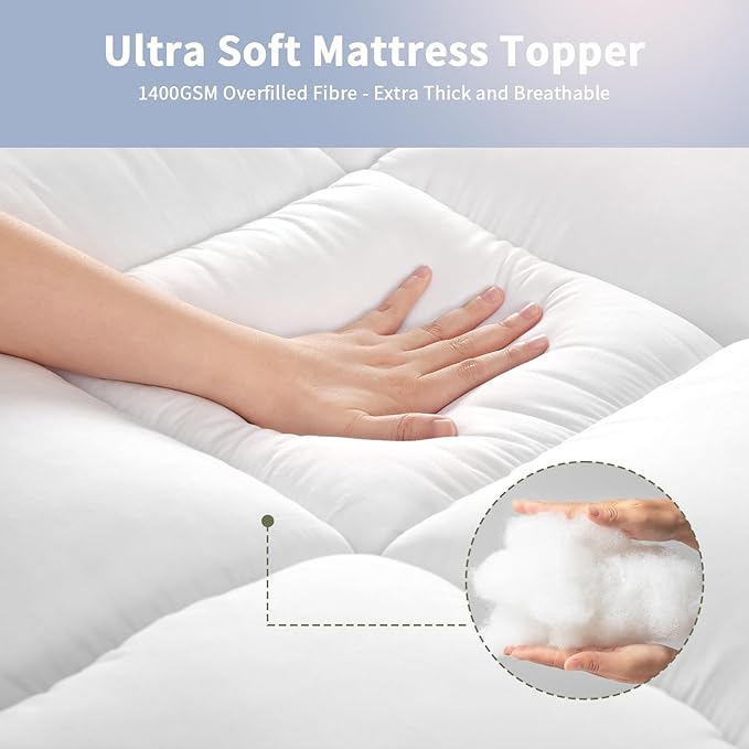 Extra Thick Fitted Mattress Topper - Full XL Size for College Dorm | Soft & Cooling Pillow Top Mattress Pad & Protector | Bed Topper for Back Pain, Straps Stretch 6" to 22" Deep