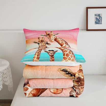 Feelyou Giraffe Comforter Set Safari Giraffe Family Bedding Set for Kids Boys Adults Youth Colorful Geometric Stripe Decor Duvet Set Wild Animal Quilt Set with 2 Pillowcases 3Pcs Bedding Full