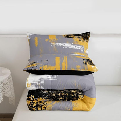 Feelyou Abstract Bedding Set Kids Modern Abstract Art Comforter Set Yellow Grey Black Comforter for Boys Room Decor Lightweight Retro Duvet Set King Size with 2 Pillow Case