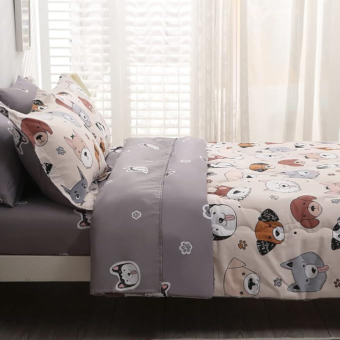 Kids Comforter Set 7 Piece Bedding Cute Dog Cartoon Animal Bed Microfiber Comforter Twin Size All Season (1 Comforter, 1 Flat Sheet, 1 Fitted Sheet, 4 Pillowcase)