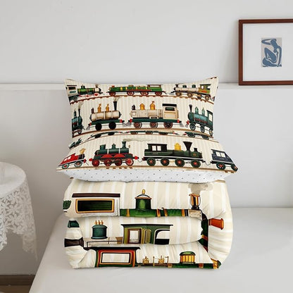 Erosebridal Vintage Train Comforter Set Retro Steam Engine Bedding King for Boys Girls Colorful Steam Locomotive Train Bedding Set, Transportation Vehicle Train Duvet Insert with 2 Pillowcases