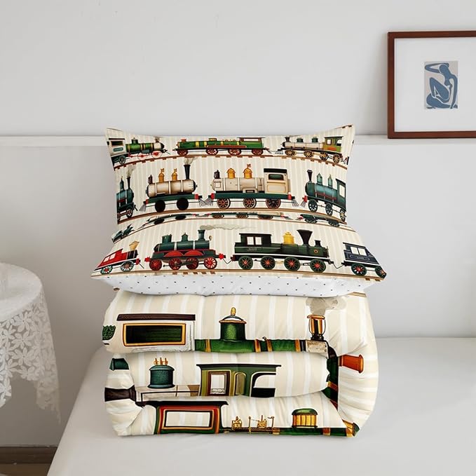 Erosebridal Vintage Train Comforter Set Retro Steam Engine Bedding Full for Boys Girls Colorful Steam Locomotive Train Bedding Set, Transportation Vehicle Train Duvet Insert with 2 Pillowcases