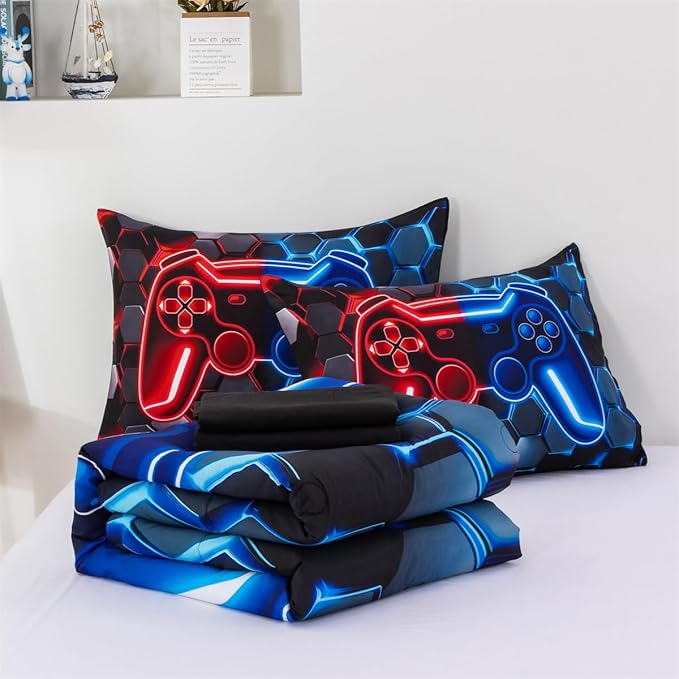 NTBED 3D Gaming Comforter Set for Boys Kids Teens,5pcs Gamer Bedding Sets with Sheet,Game Console Bed in a Bag (Red Blue, Twin)