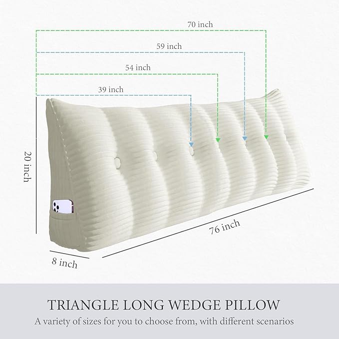 Wedge Headboard Pillow Dorm Room Reading Pillow Back Support for Sitting Up in Bed Bolster Lumbar Cushion Body Positioning Bedrest Corduroy (White, King (76 * 8 * 20in))