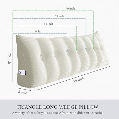 Wedge Headboard Pillow Dorm Room Reading Pillow Back Support for Sitting Up in Bed Bolster Lumbar Cushion Body Positioning Bedrest Corduroy (White, King (76 * 8 * 20in))