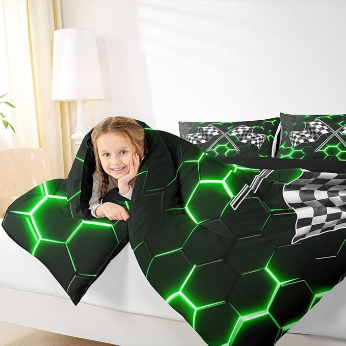 Black White Checkered Flag Bedding Sets Twin Size,Neon Green Light Honeycomb Hexagon Comforter Set 2pcs for Kids Boys Teens Men Cool 3D Black Quilted Duvet Race Car Duvet Insert Bedroom Decor