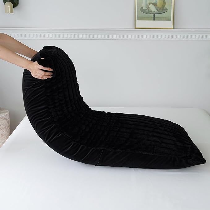 Full Body Pillow with Fluffy Stripe Faux Fur Removable Cover, Long Bed Pillow Adult 20x54 Inches for Side Sleeper and Pregnancy, Black.