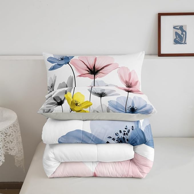Erosebridal Cute Colorful Floral Queen Comforter Set,Pink Blue Grey Flower Bedding Set for Kids Girls Boys,Boho Flowers Wildflower Quilt Country Bedroom Decor with 2 Pillowcases,Breathable