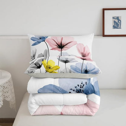 Erosebridal Cute Colorful Floral Queen Comforter Set,Pink Blue Grey Flower Bedding Set for Kids Girls Boys,Boho Flowers Wildflower Quilt Country Bedroom Decor with 2 Pillowcases,Breathable