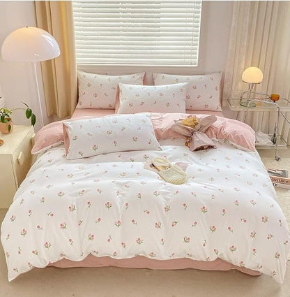 Floral Duvet Cover Queen Pink White Botanical Floral Bedding Set 3 Pieces Soft Breathable Garden Aesthetic Flower Comforter Cover with 2 Pillow Cases