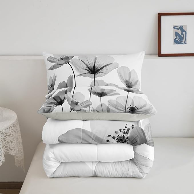 Erosebridal Vintage Gray Floral Full Bedding Set,Black and Grey Flower Comforter Set for Kids Girls Women,Country Flowers Quilt Rustic Wildflower Bedroom Decor with 2 Pillowcases,Breathable