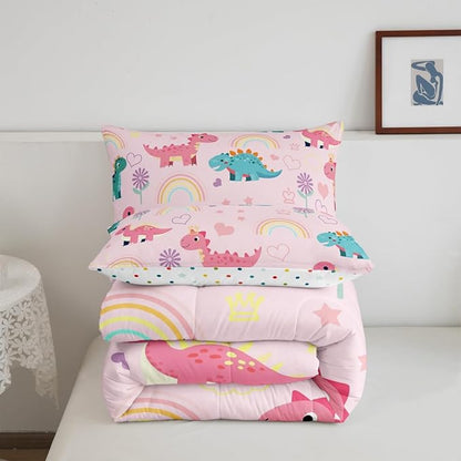 Lovely Dino Kids Bedding Sets Cute Rainbow Floral Love Heart Reversible Comforter for Boys Pink Blue Dinosaur Kawaii Animal Quilt Set Soft Duvet Insert,1 Pillowcase Toddler Size
