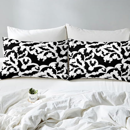 Castle Fairy Halloween Bat Duvet Cover Queen Size,Black Bats Silhouette Animal Print Polyetser Bedding Set (Not Comforter),Happy Holiday Gothic Style White Comforter Cover for Bedroom, Zipper, Ties
