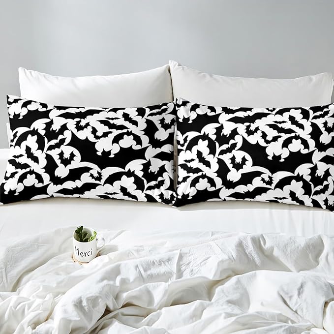 Castle Fairy Halloween Bat Duvet Cover Set King Size,Black Bats Silhouette Animal Print Comforter Cover with 2 Pillowcases,Happy Holiday Gothic Style White Microfiber Quilt Cover Set (NO Comforter)