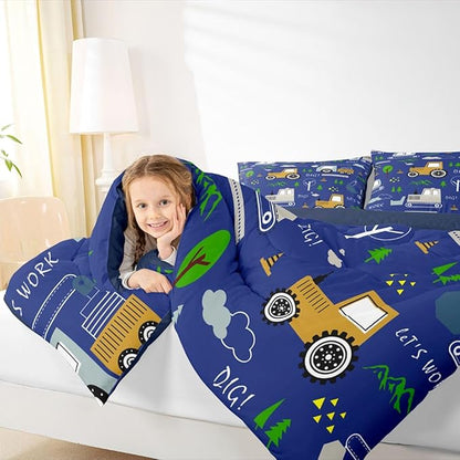 Feelyou Construction Comforter Set All Season Equipment Trucks Bedding Set with 1 Pillow Cases Excavator Tractor Kids Twin Bedclothes Construction Vehicles Bedroom Decor Blue Yellow Duvet Quilt