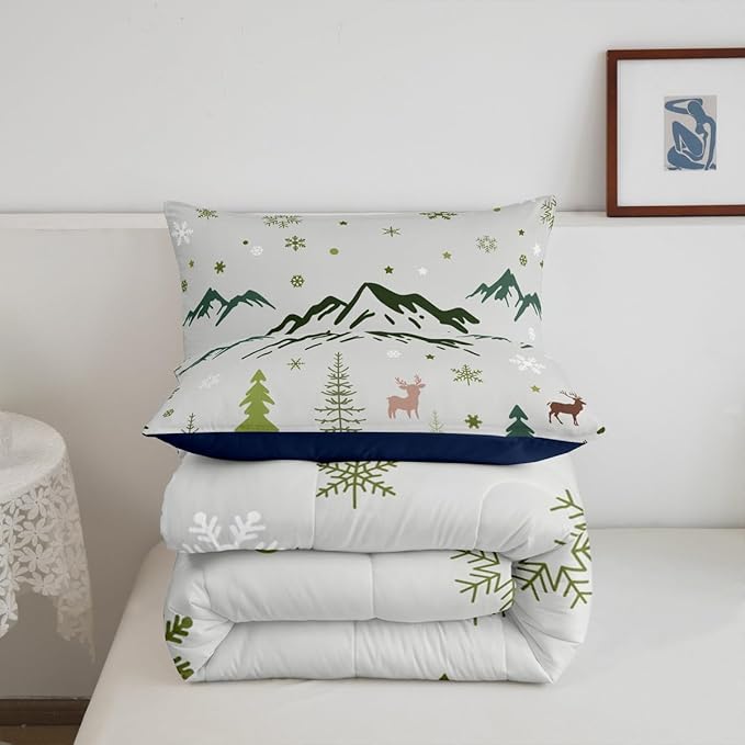 Castle Fairy Christmas Snowflakes Bedding Set Full Size Cartoon Elk Silhouette Comforter Set for Kids Teens Room Decor Mountain Pine Tree Duvet Insert Xmas Theme Animal Down Comforter Set,3Pcs
