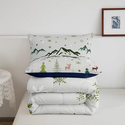 Castle Fairy Christmas Snowflakes Bedding Set Full Size Cartoon Elk Silhouette Comforter Set for Kids Teens Room Decor Mountain Pine Tree Duvet Insert Xmas Theme Animal Down Comforter Set,3Pcs