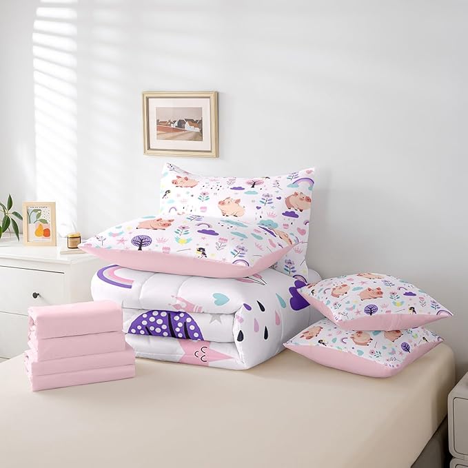 Erosebridal Floral Pig Bedding 7PCS Full Size Comforter Sets for Boys Cartoon Animal Bedding Sets Cute Flower Bed in a Bag,1 Comforter,1 Flat Sheet,1 Fitted Sheet,2 Pillowcases,2 Throw Pillow Covers