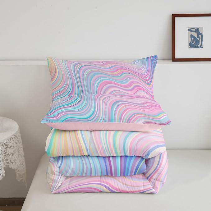 Feelyou Girls Pink Comforter Set Twin Size Kids Rainbow Stripe Bedding Set for Boys Teens Women Die Tye Comforter Breathable Geometric Duvet Princess Decor Quilt,1 Comforter with 1 Pillowcase
