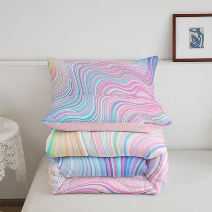 Feelyou Girls Pink Comforter Set Queen Size Kids Rainbow Stripe Bedding Set for Boys Teens Women Die Tye Comforter Breathable Geometric Duvet Princess Decor Quilt,1 Comforter with 2 Pillowcase