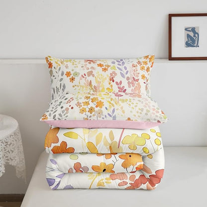 Erosebridal Boho Floral Queen Comforter Set for Kids Girls Women,Cute Colorful Flowers Bedding Set Rustic Country Home Decor,Bohemian Wild Flower Quilt Bed Set Watercolor Bed Comforter Set 3Pcs