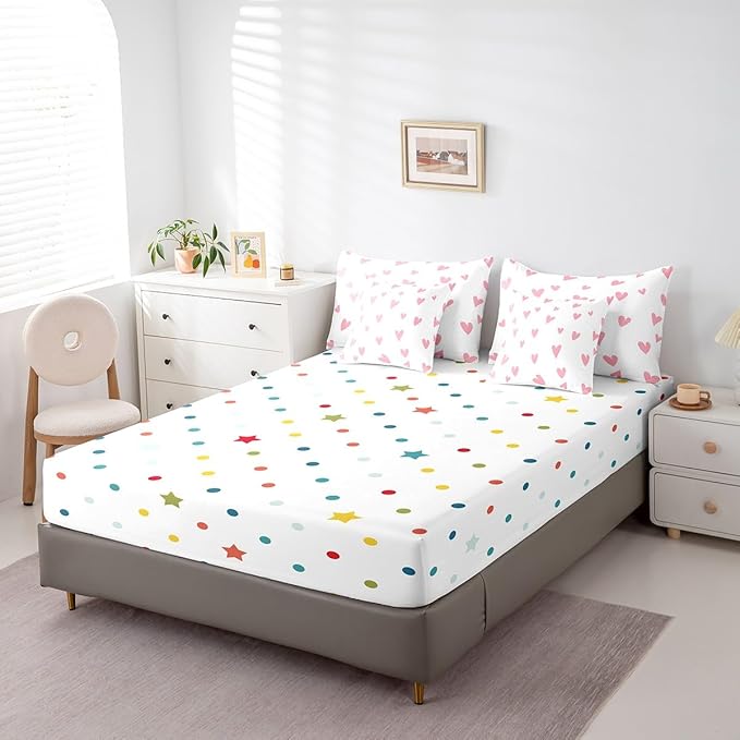 Feelyou Girls Cute Love Heart Comforter Set with Sheets 7 Piece Full Size Kids Lovely Warm Sweet Bed in a Bag Love Heart Pattern Bedding Set Breathable Valentine's Day Pink Bed Set Room Decor