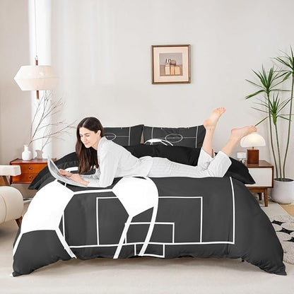 Football Field Print Duvet Cover Set Twin Size,Ball Sports Games Themed Comforter Cover for Kids Boys Bedroom Gift,Black White Football Goal Sporting Equipment Bedding Set with 1 Pillowcase, Polyester