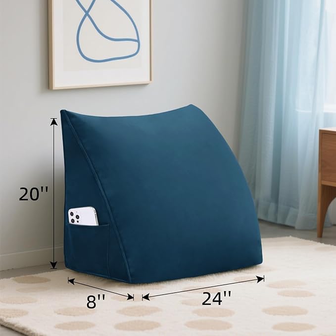 Wedge Headboard Reading Pillow for Bed Velvet Triangular Backrest Bolster Pillow for Sitting Up Daybed Cushion Lumbar Body Support Positioning for Headboard, Couch, Dorm, Deepblue