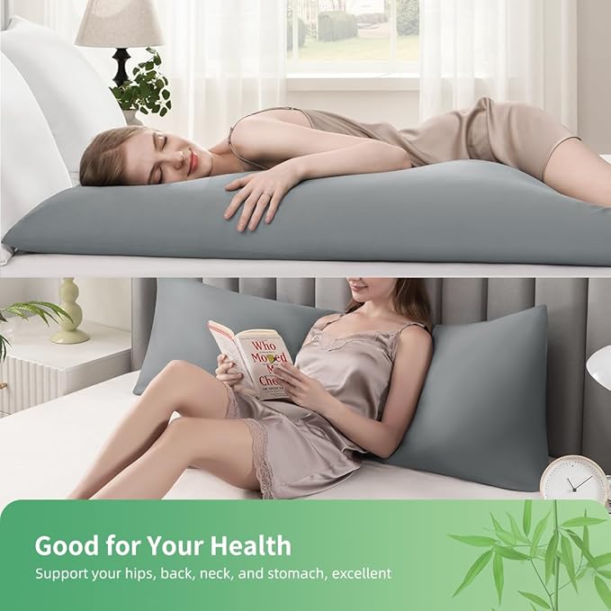 Body Pillowcase, Cooling Viscose from Bamboo Pillow Cover with Zipper Closure, Soft Moisture-Wicking for Hot Sleepers, Hair and Skin-Friendly, Light Grey, 1 Pack