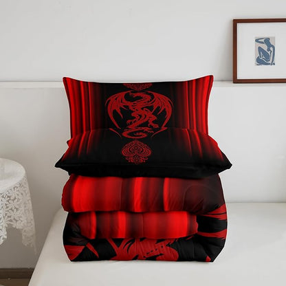 Feelyou Red Dragon Comforter Set Gradient Ombre Red Teens Women Bedding Set for Kids Boys Girls Vintage Boho Paisley Decor Comforter Exotic Trippy Quilt Set 3Pcs Queen Size