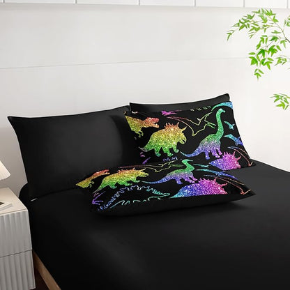 Rainbow Dinosaur Comforter Set (7 Piece) - Kids Bedding Black Dinosaur Duvet Set for Boys Girls Teens, Quilt Bed Set with 2 Pillow Shams, Flat Sheet & Fitted Sheet (Twin) - Room Decor Gifts