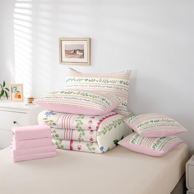 Feelyou Flower Twin Comforter Set with Sheets for Kids Boys Girls Spring Blossoms 7 Pieces Bedding Set Botanical Bed in a Bag Floral Room Decor Pink Green Soft Lightweight Microfiber