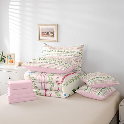 Feelyou Flower Twin Comforter Set with Sheets for Kids Boys Girls Spring Blossoms 7 Pieces Bedding Set Botanical Bed in a Bag Floral Room Decor Pink Green Soft Lightweight Microfiber