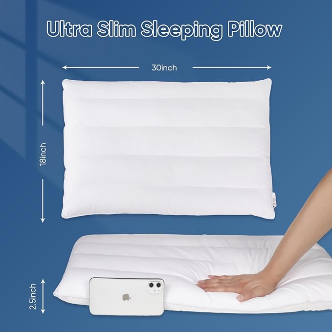 MINUPWELL 2 Packs Ultra Flat Pillows for Sleeping Thin, 7D High Support 2.5 inch Height Ultra Thin Pillows,Slim Bed Pillows for Stomach Sleeper,Queen Size -18x30 in