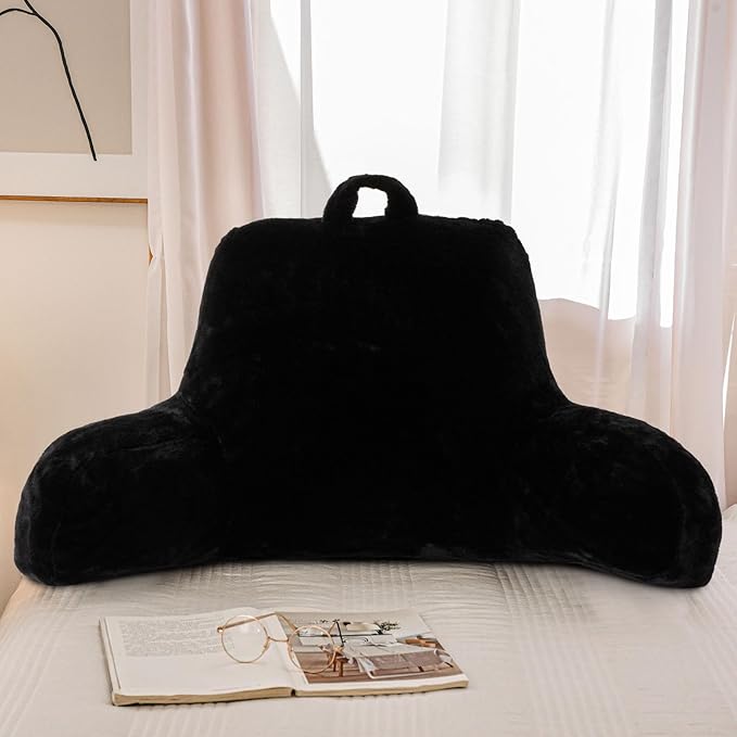 A Nice Night Faux Fur Reading Pillow Bed Wedge Large Adult Children Backrest with Arms Back Support for Sitting Up in Bed/Couch for Bedrest,Black,Large